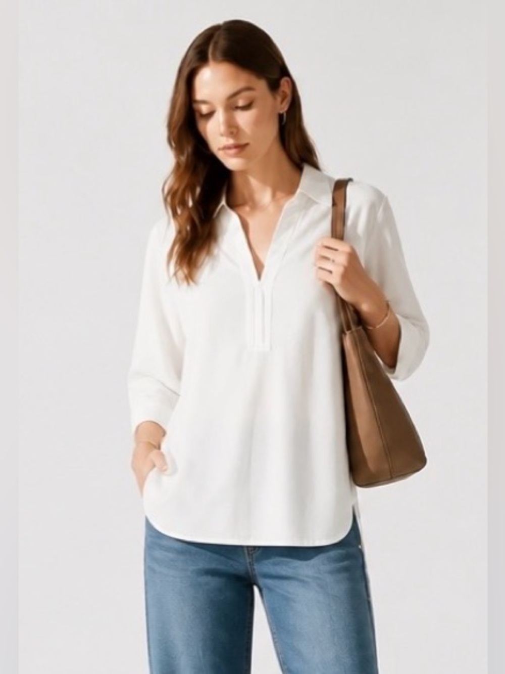 TRAVELSMITH Blouse White Split V Neck Collar 3/4 Sleeves Career Tunic Oversized
